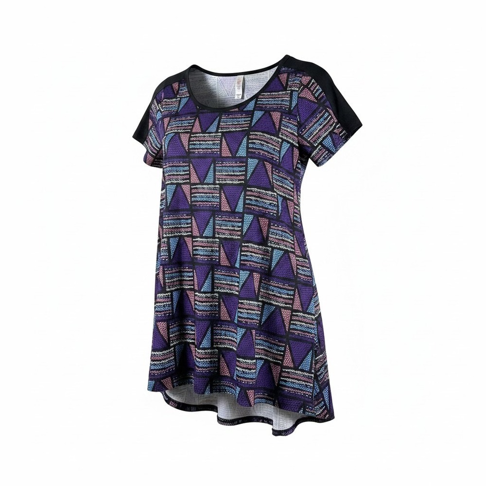LuLaRoe Perfect T Tunic Top Womens XS Purple Geometric High Low Short Sleeve‎